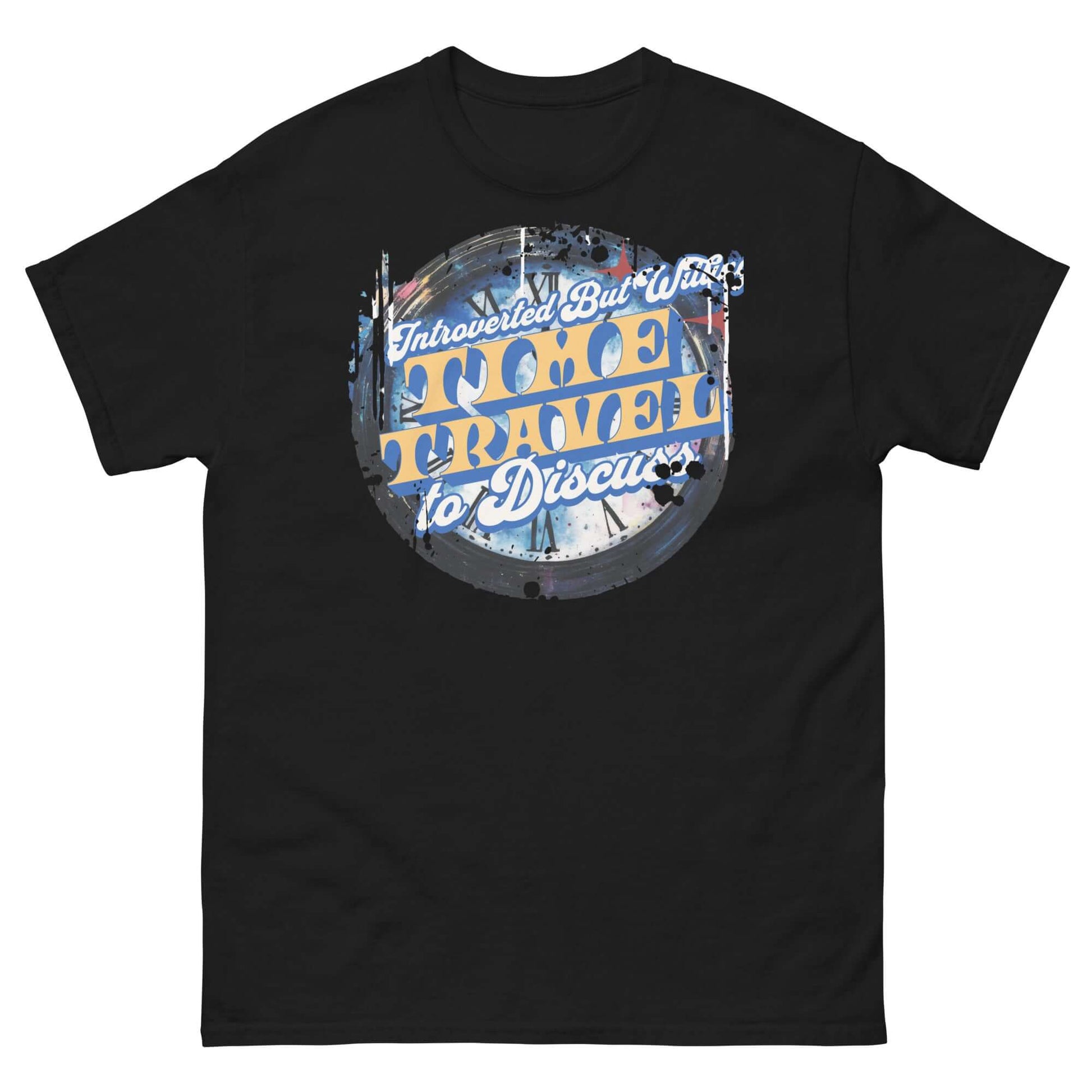 Black Introverted Time Travel T-Shirt with vintage design, perfect for physics enthusiasts and humor lovers.