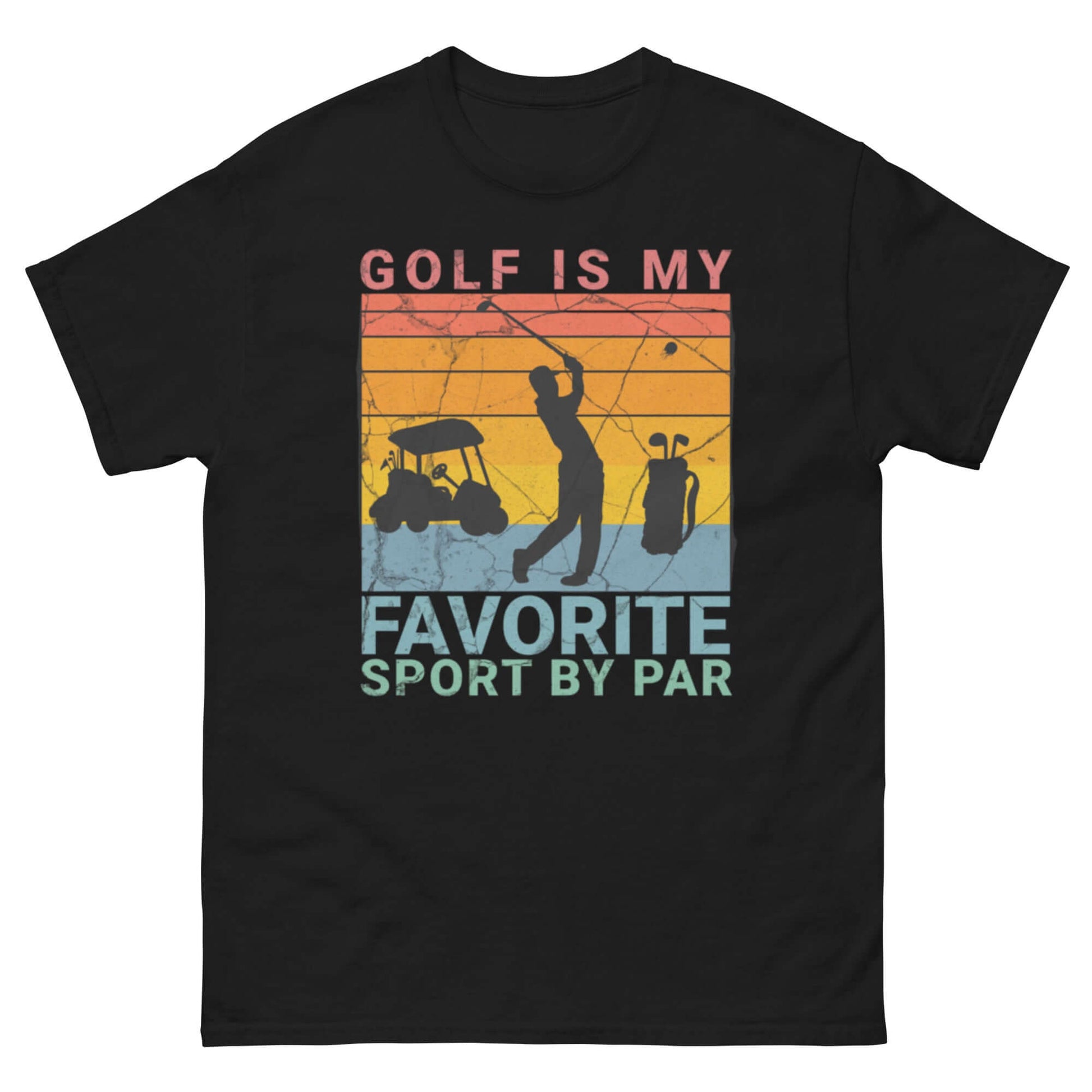 Golf Pun T-Shirt with vintage sunset, silhouetted golfer, cart, and bag; text reads 'GOLF IS MY FAVORITE SPORT BY PAR'.