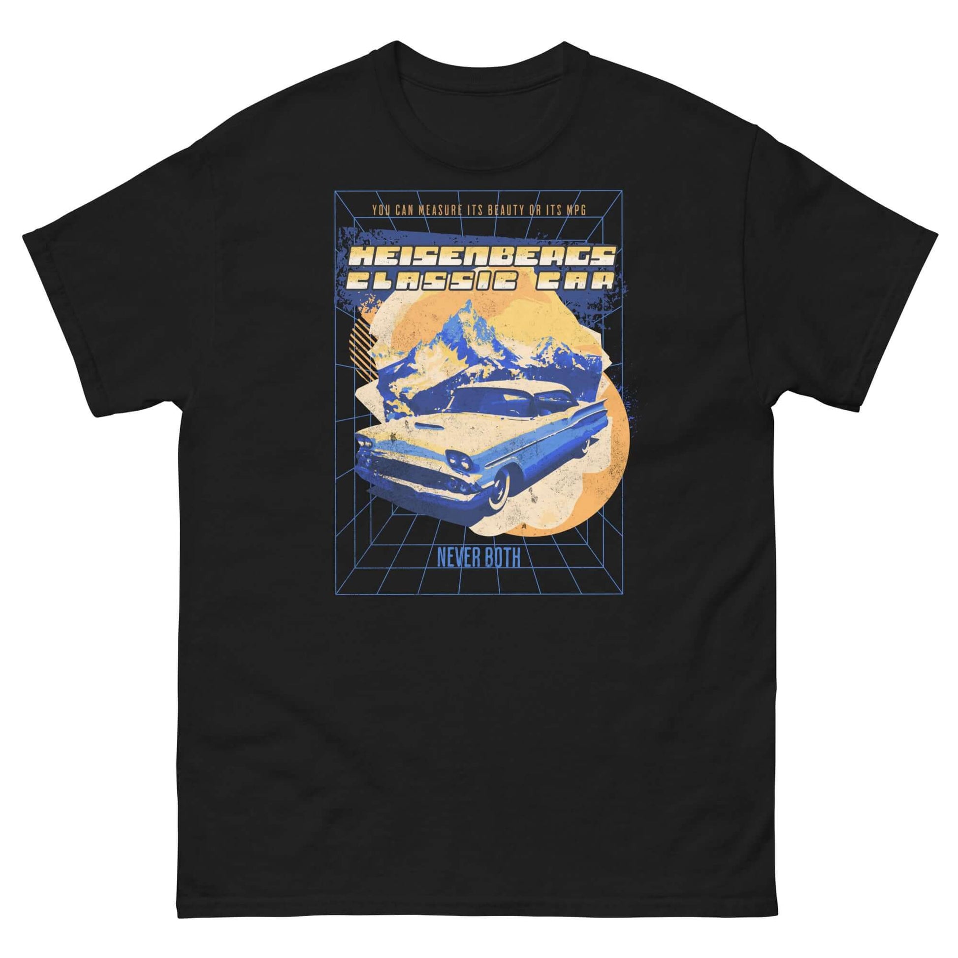 Heisenberg's Classic Car T-Shirt featuring a '58 Impala design, quantum mechanics theme, and mountain backdrop on a black tee.