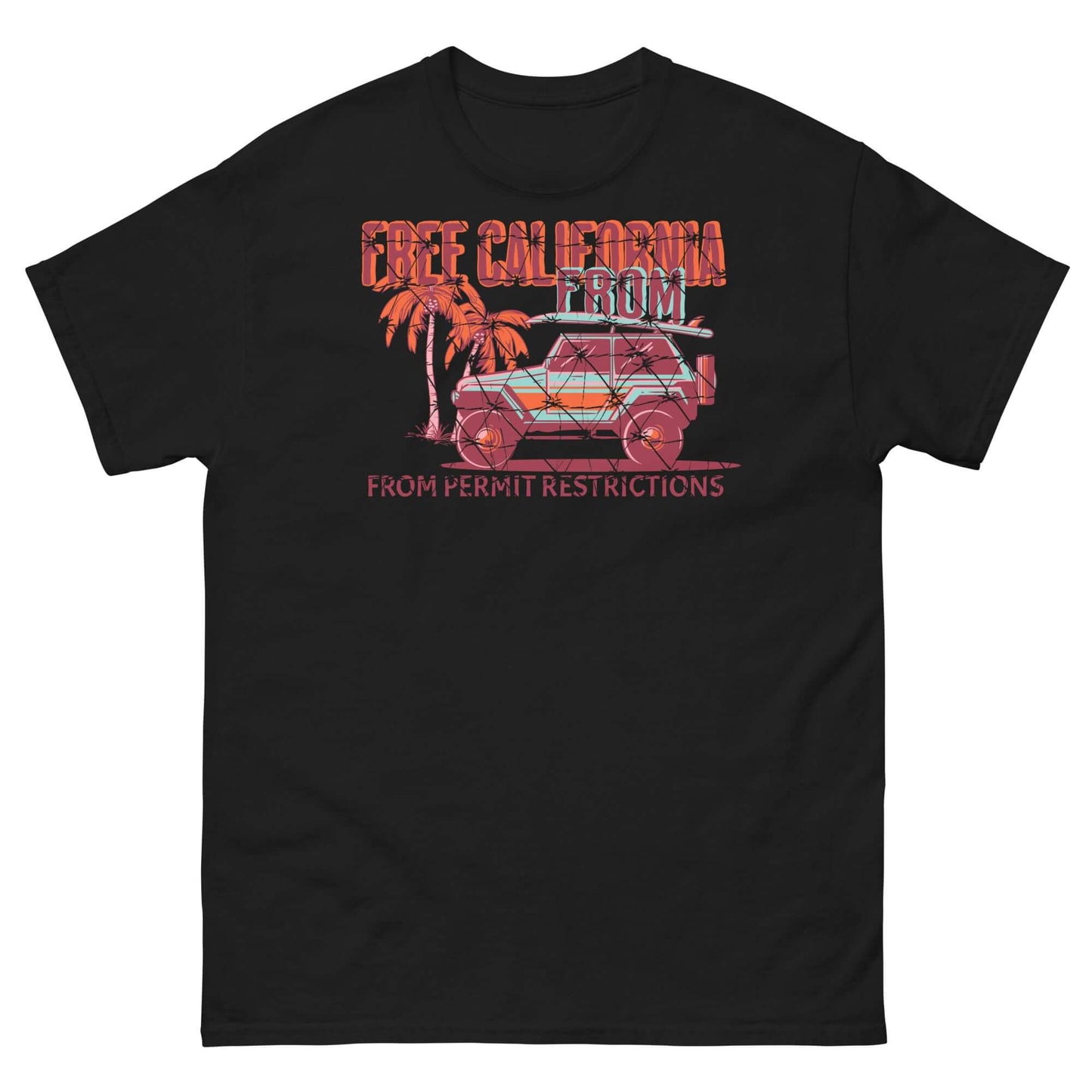 Black surf T-shirt featuring a 4x4 and red palm trees with text 'Free California From Permit Restrictions.' Perfect beach apparel.