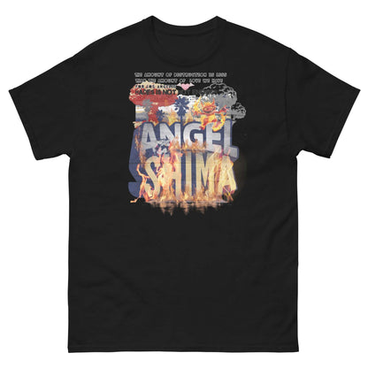 Black "Angel Shima" T-shirt featuring Los Angeles inspired design symbolizing destruction and love, with graphic text overlay.