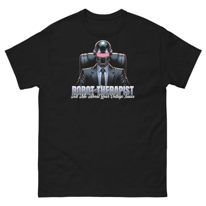 Robot Therapist T-Shirt featuring a robot in a therapist pose with text 'Tell Me About Your Voltage Issues' on a black background.