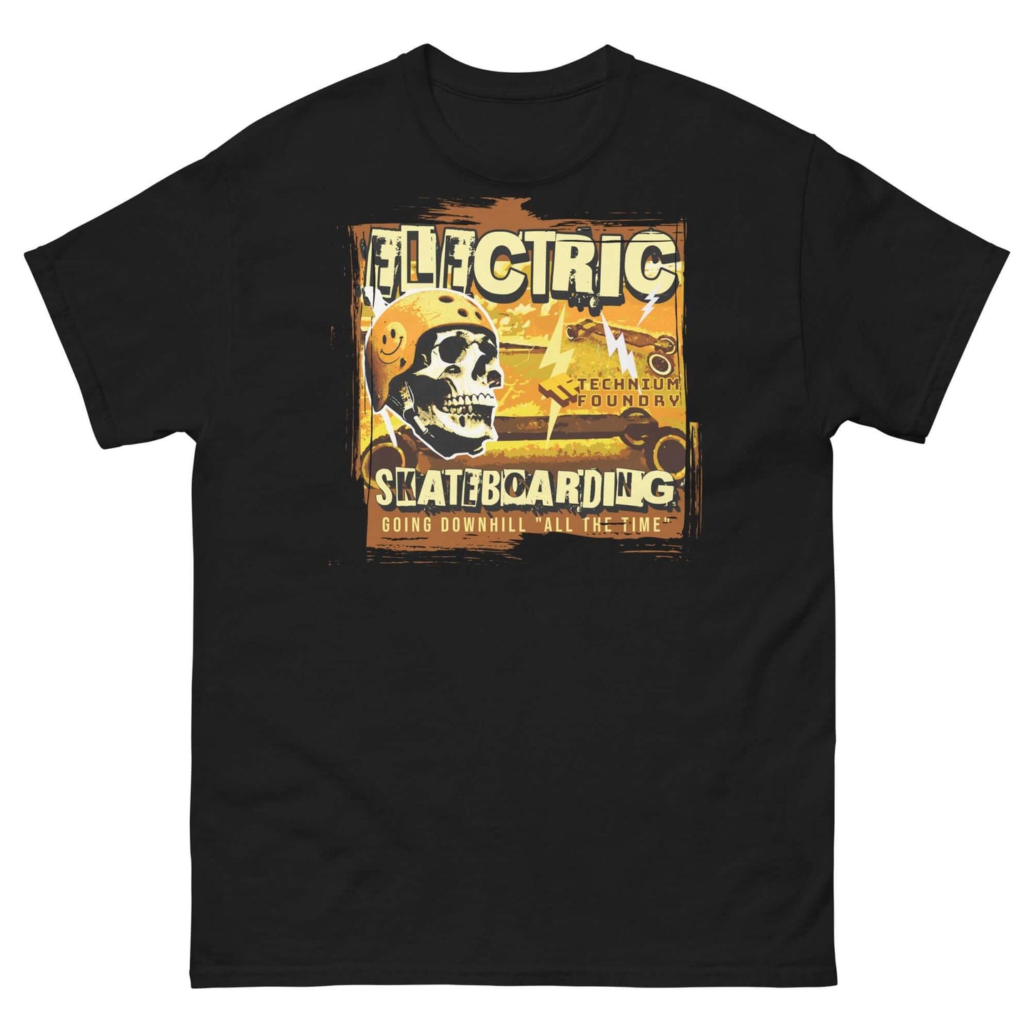 Black cotton t-shirt with vintage electric skateboarding design featuring a skeleton and 'Safety Third' message.