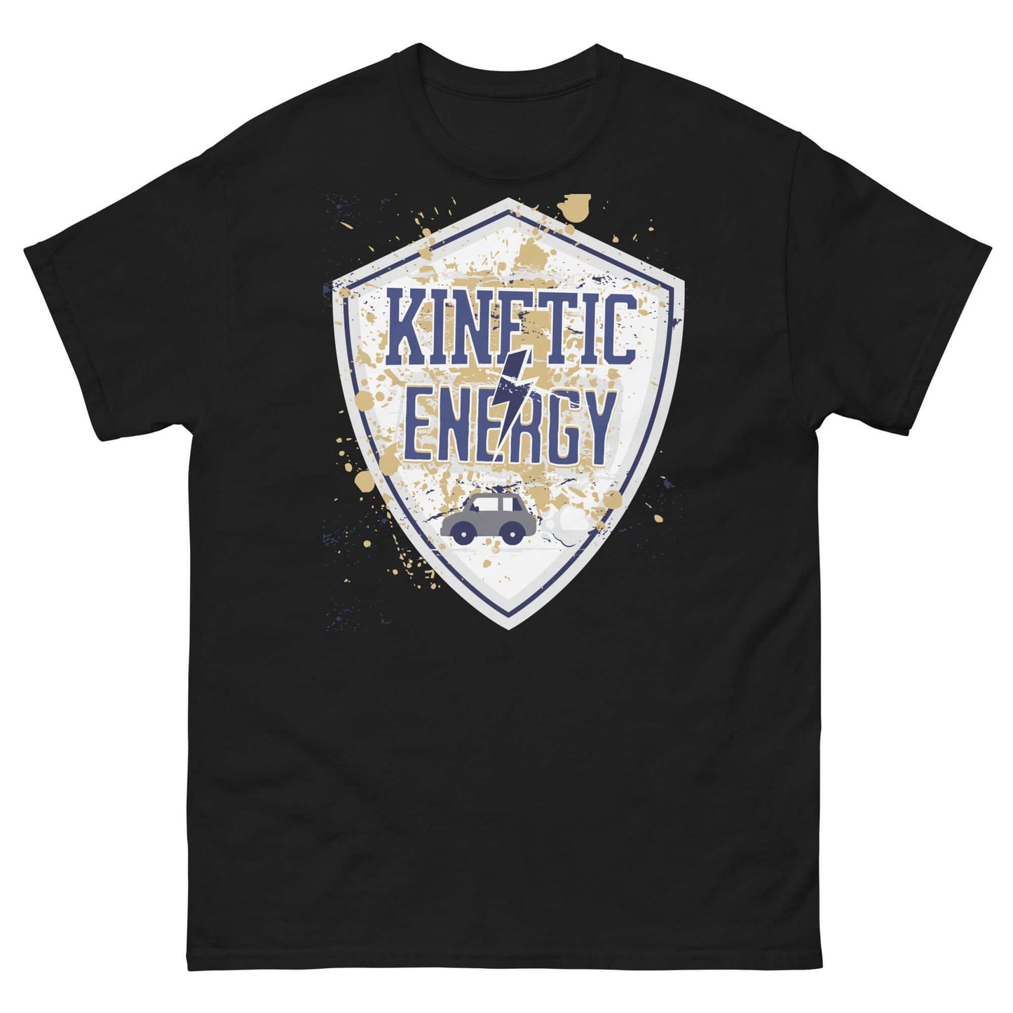 Kinetic Energy T-Shirt with distressed shield design and tiny car, featuring the equation 1/2 mv², celebrates mass times velocity squared.