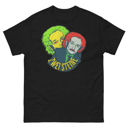 Zwei Steine T-Shirt featuring two colorful Einstein designs, showcasing clever bilingual wordplay and genius