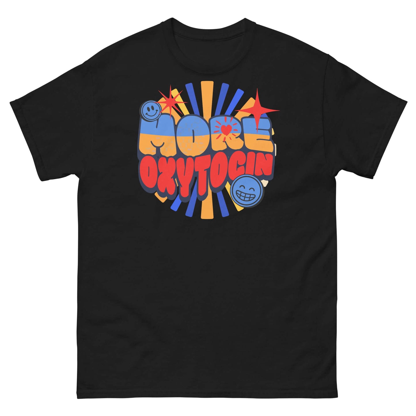 More Oxytocin T-Shirt with retro design and playful colors celebrating love hormone, featuring bold bubble letters on black fabric.