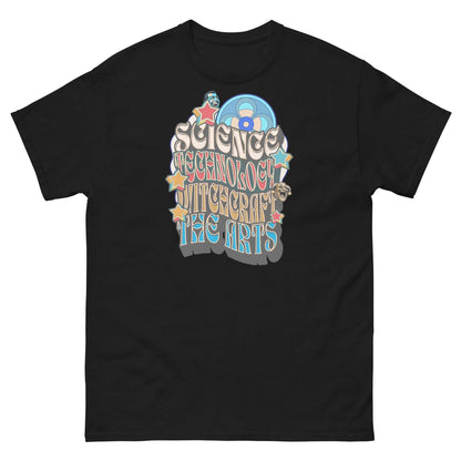 Black t-shirt with 'Science, Technology, Witchcraft & The Arts' in psychedelic lettering, merging retro sci-fi and mystical themes