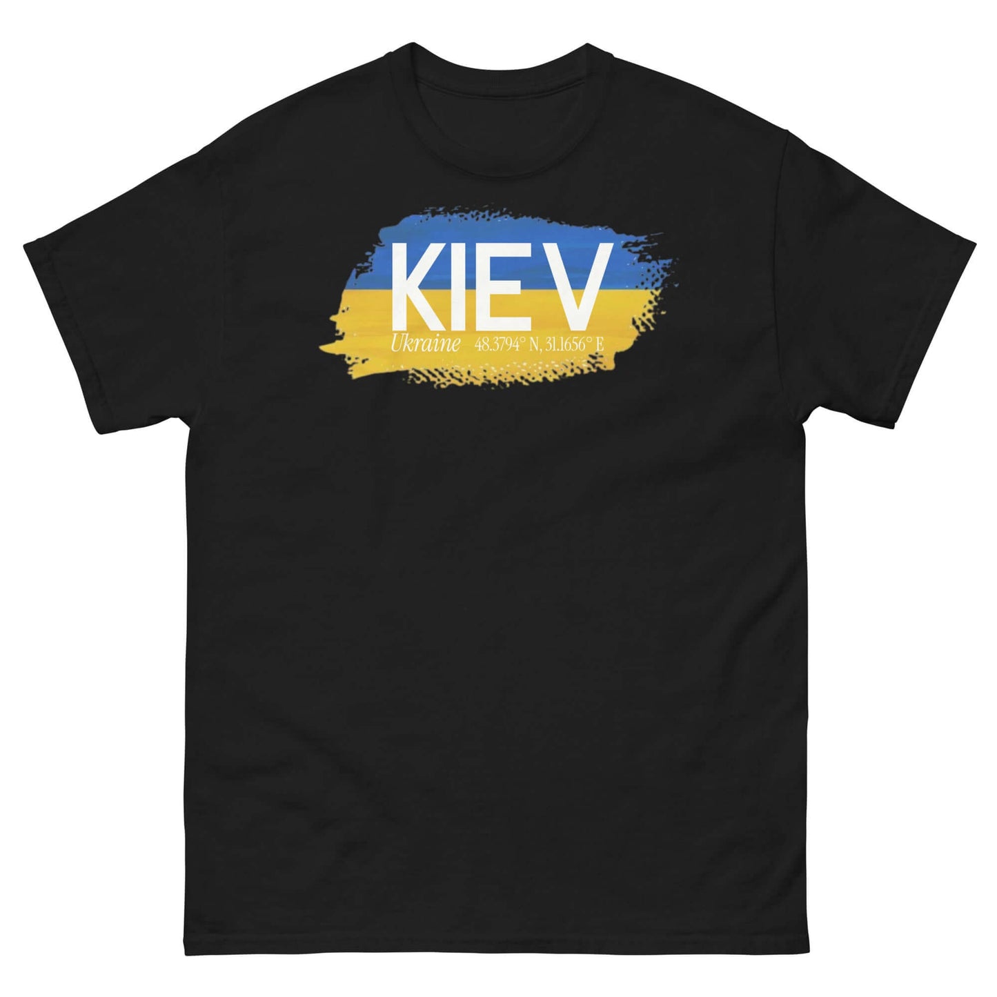 Black Kiev City Pride T-Shirt with Ukraine's flag colors, featuring the city's name in paintbrush style for a patriotic fashion statement.