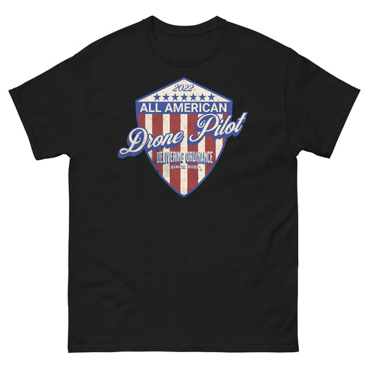 2022 All American Drone Pilot Champion T-Shirt with patriotic shield design in red, white, and blue for drone enthusiasts.