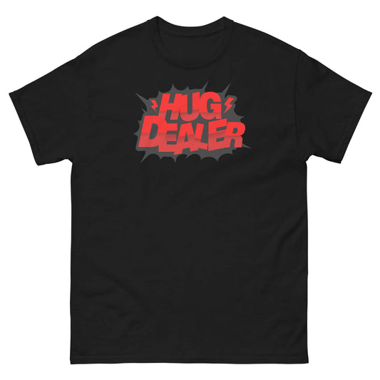 Comic book style 'Hug Dealer' t-shirt for embrace enthusiasts, featuring a bold red design on a black tee.