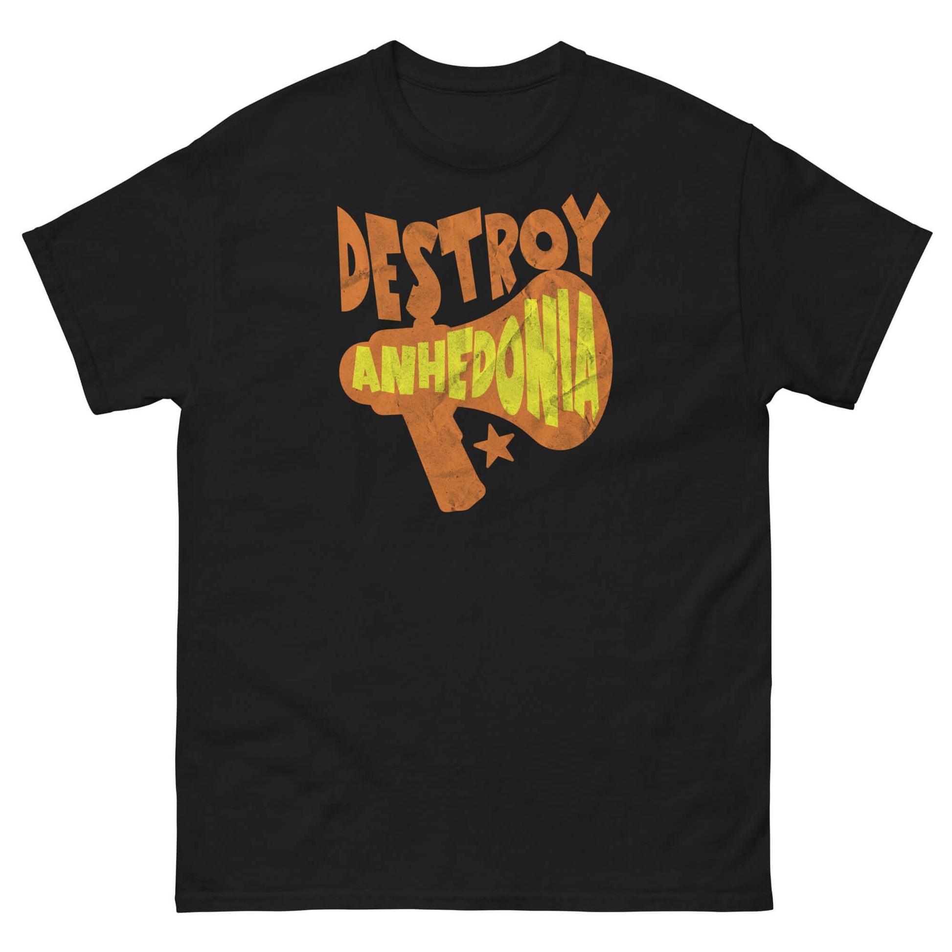 "Destroy Anhedonia" t-shirt with megaphone design, promoting mental health activism with a punk attitude. Black shirt with orange print.