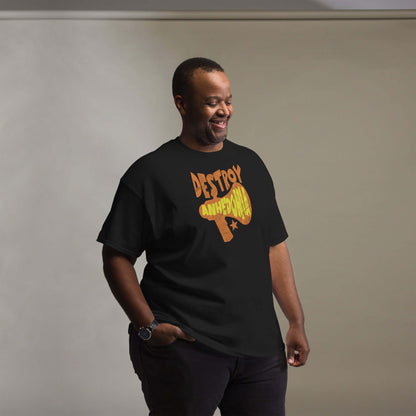 Man wearing 'Destroy Anhedonia' T-shirt promoting mental health awareness with punk attitude.