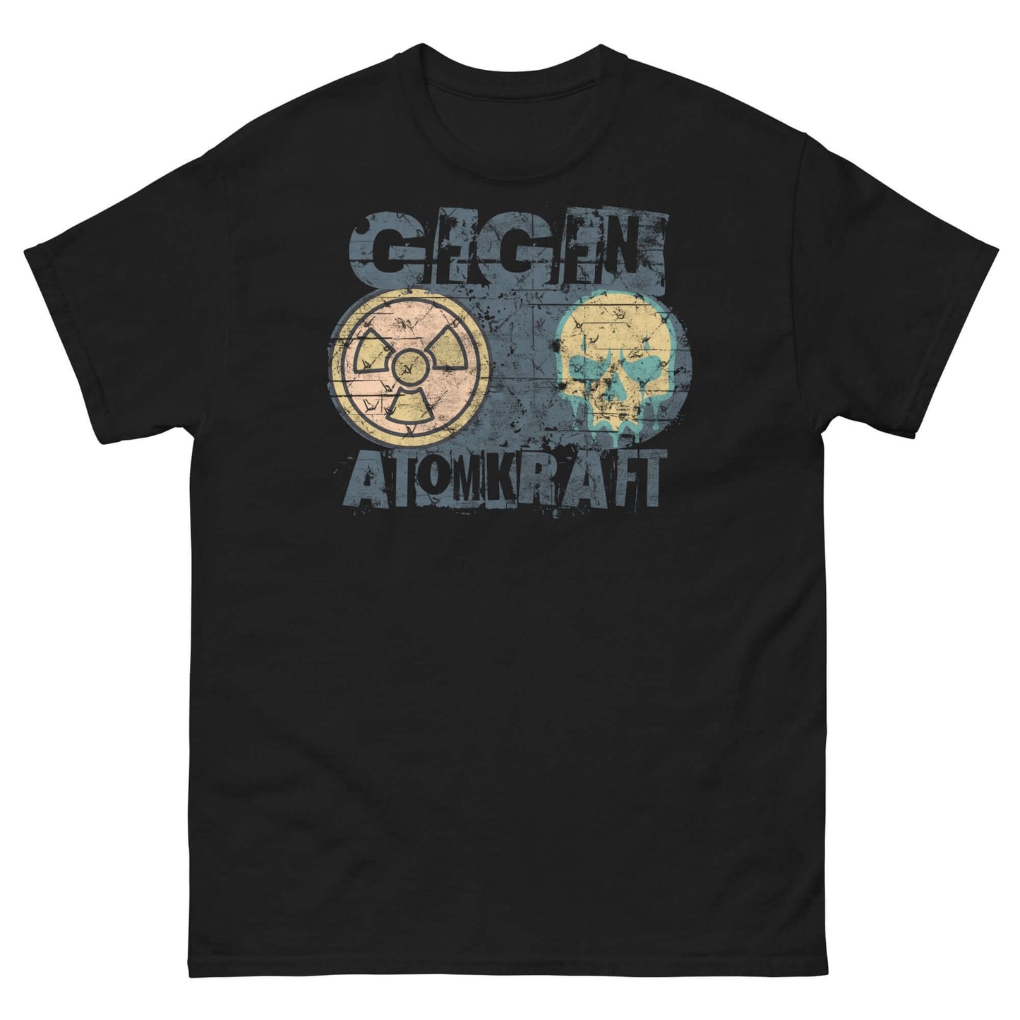 Black protest t-shirt with 'GEGEN ATOMKRAFT' text, radiation symbol, and melting skull design, anti-nuclear power statement.