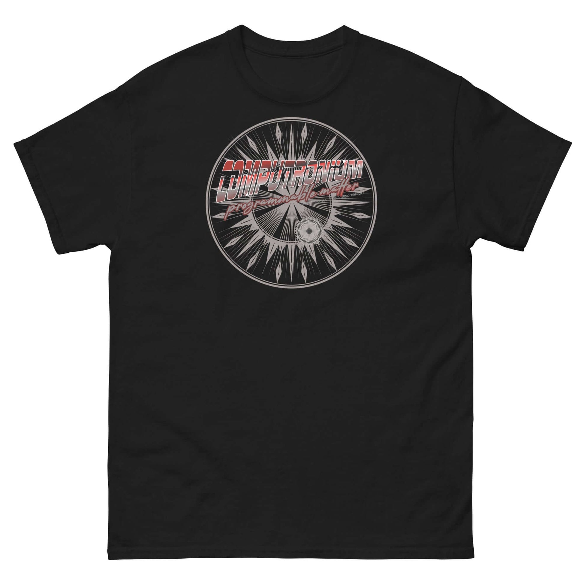 Black Computronium Programmable Matter T-Shirt with starburst design, inspired by theoretical physics concepts.