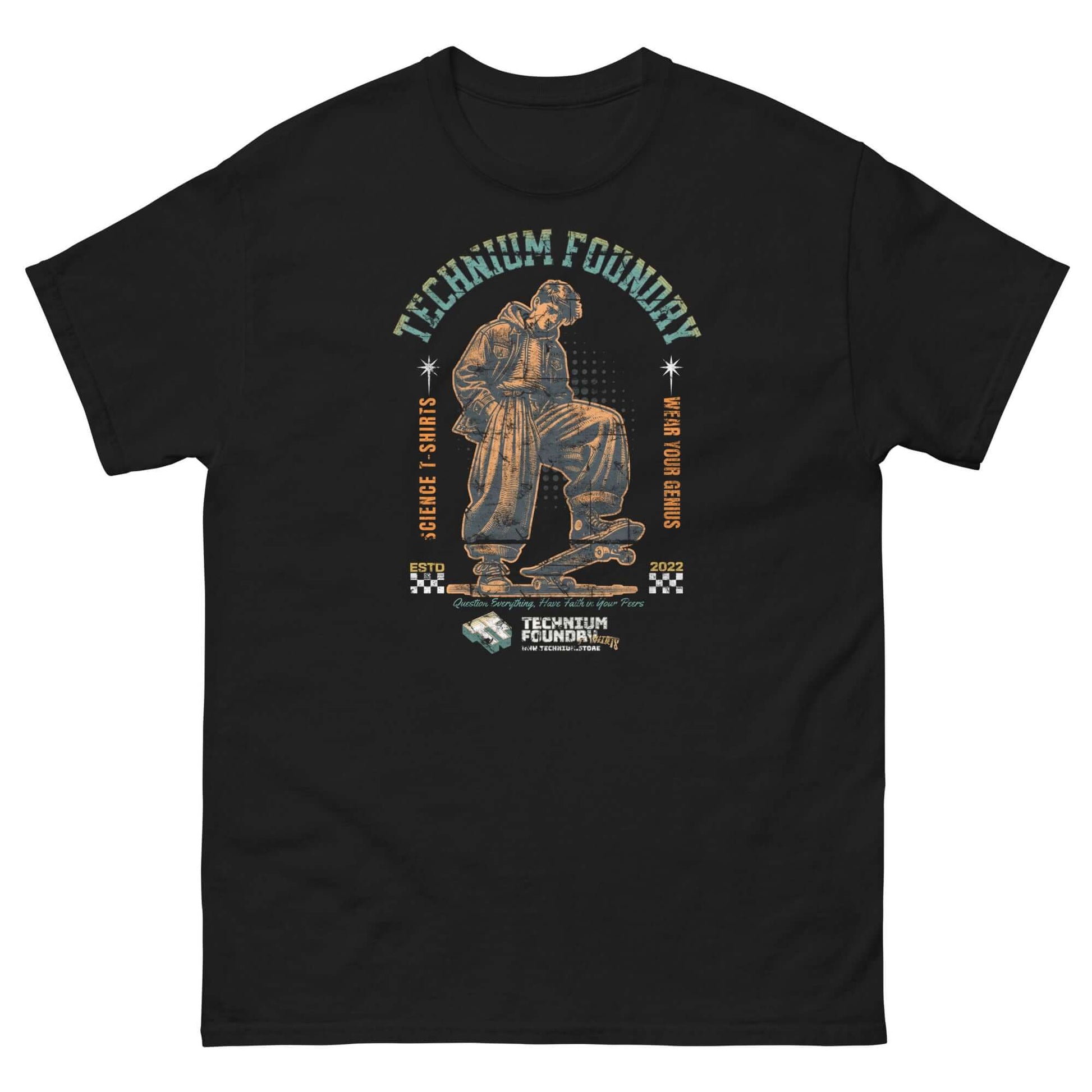 Technium Foundry Skater Scientist T-Shirt with vintage physics street style design featuring a physicist on a skateboard.