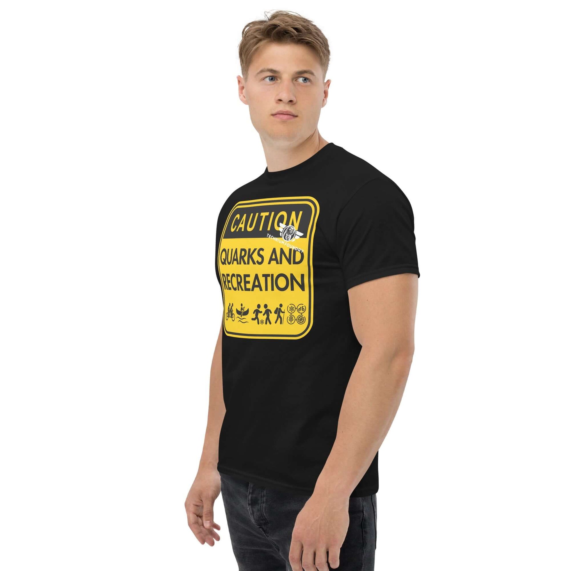 Quarks and Recreation | Physics Meets Parks & Rec | Particle Physics Warning Sign Humor Color: Black T-Shirt Size: S Apparel & Accessories Technium Foundry