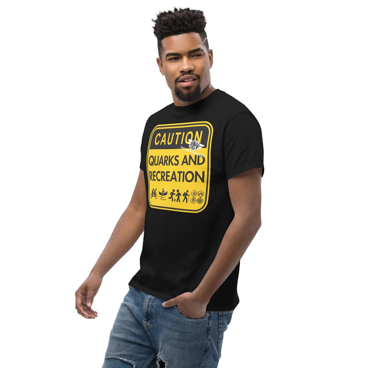 Quarks and Recreation | Physics Meets Parks & Rec | Particle Physics Warning Sign Humor Color: Black T-Shirt Size: S Apparel & Accessories Technium Foundry