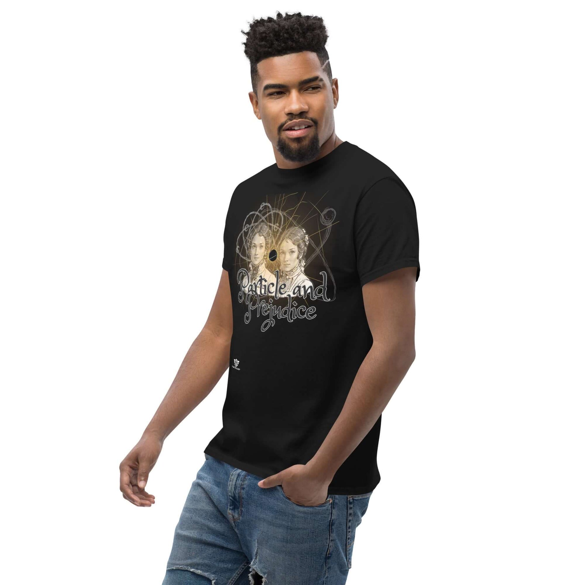 Particle and Prejudice Literature & Physics Fusion T-Shirt | Classic Romance Meets Quantum Science Color: Black T-Shirt Size: S Apparel & Accessories Technium Foundry