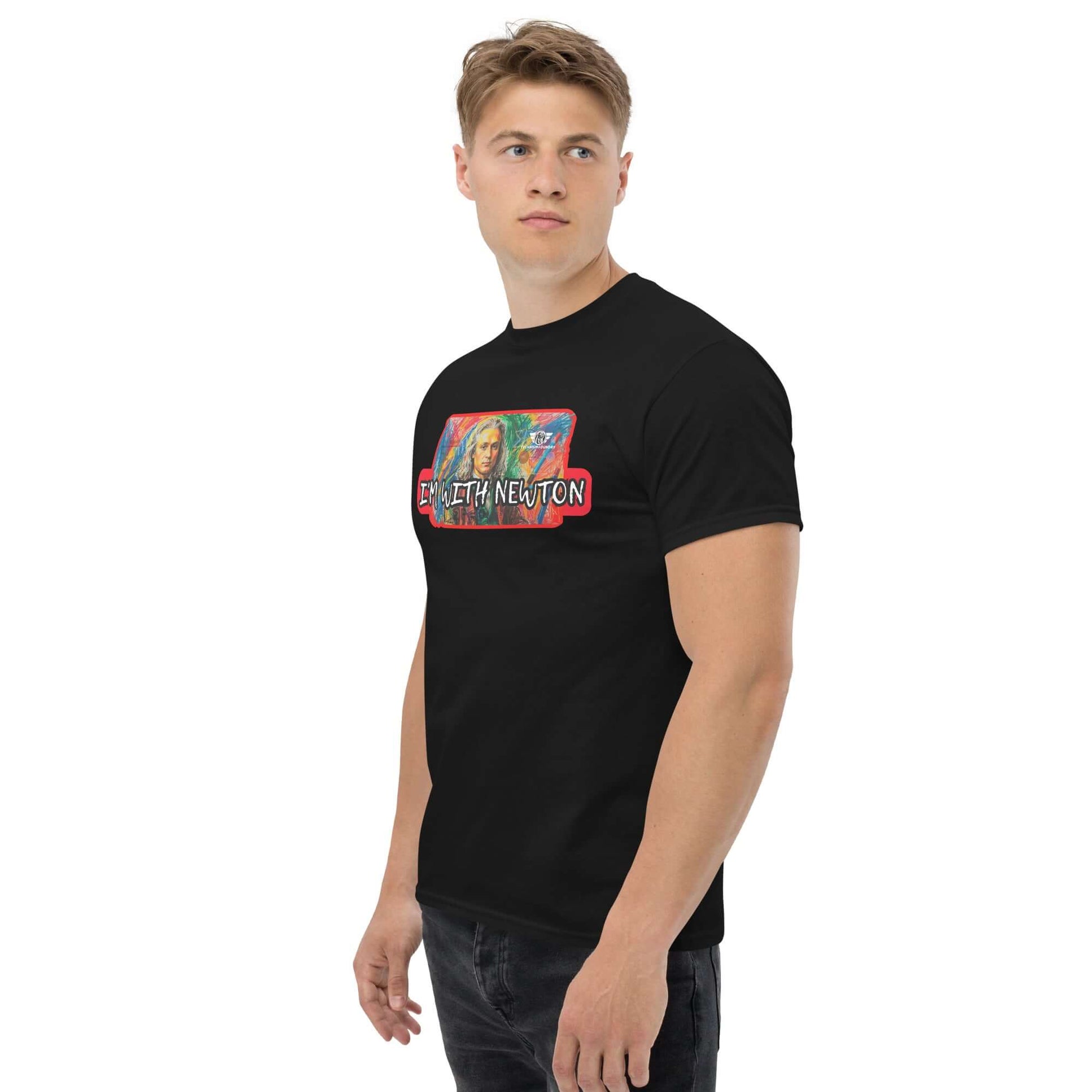 I'm With Newton - Colorful Physics Portrait T-Shirt | Classical Mechanics Goes Pop Art Color: Black T-Shirt Size: S Apparel & Accessories Technium Foundry