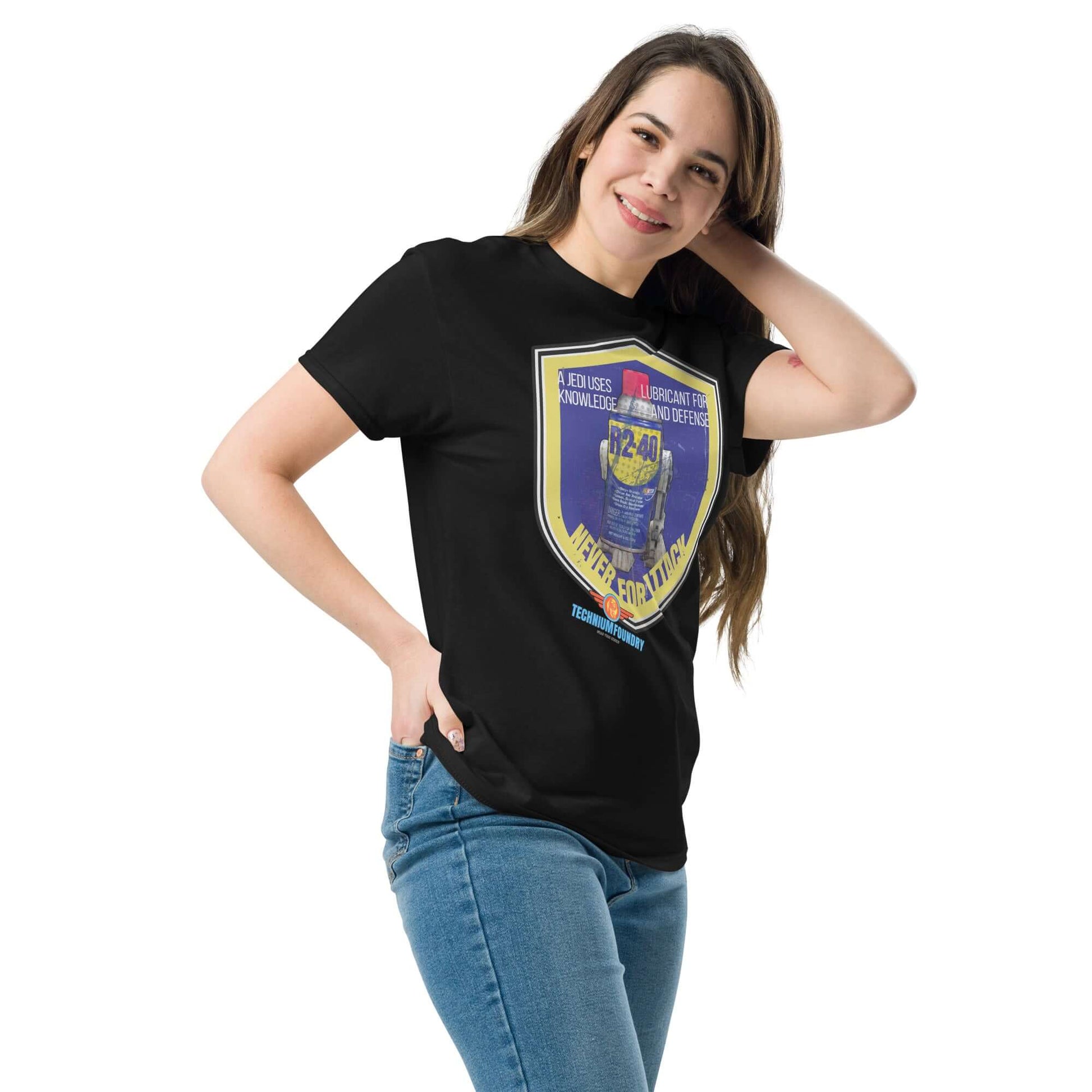 Woman wearing "A Jedi Uses WD-40" tee from Science & Tech Apparel Collection by Technium Foundry.