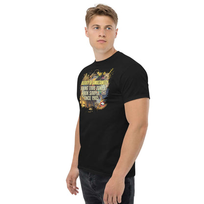 Man wearing black Relativity of Simultaneity T-shirt by Technium Foundry, featuring a colorful temporal design.