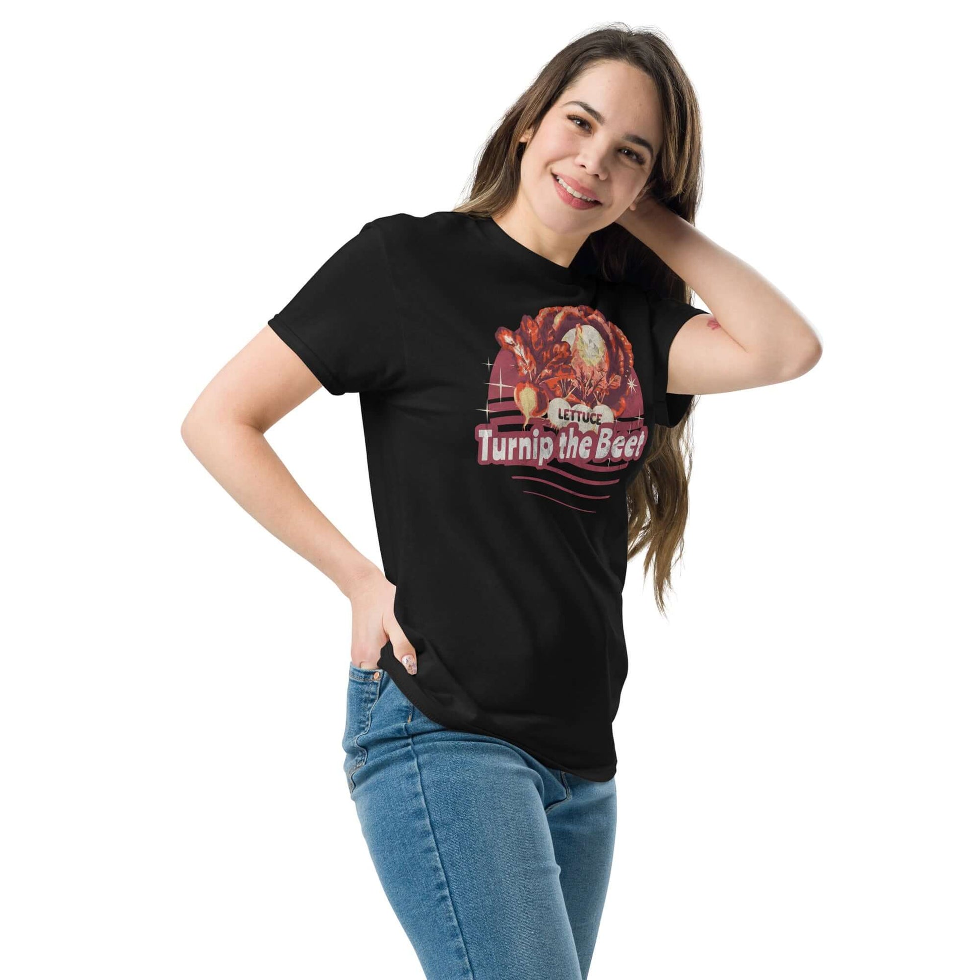 Woman wearing Turnip The Beet T-Shirt with veggie pun design, featuring "Lettuce Turnip the Beet" text on black tee.