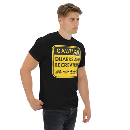 Quarks and Recreation | Physics Meets Parks & Rec | Particle Physics Warning Sign Humor Color: Black T-Shirt Size: S Apparel & Accessories Technium Foundry