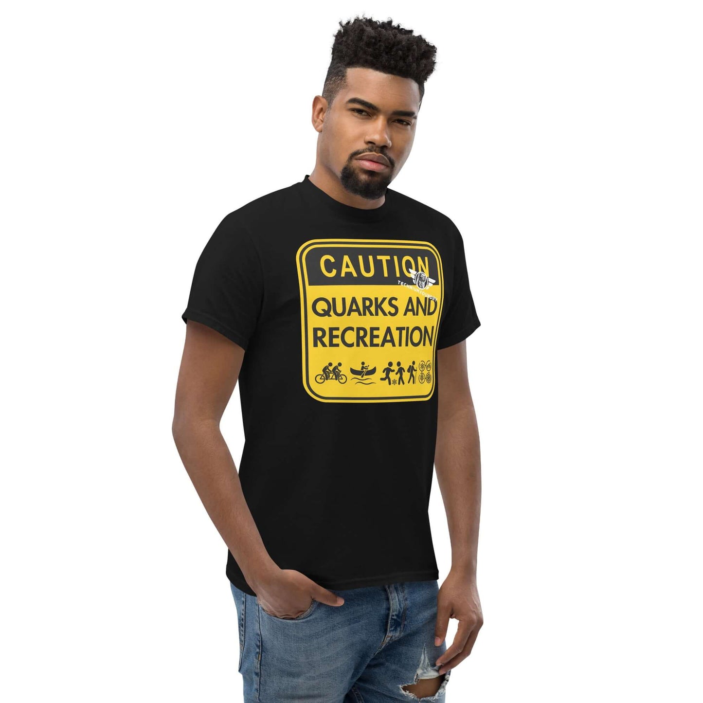 Quarks and Recreation | Physics Meets Parks & Rec | Particle Physics Warning Sign Humor Color: Black T-Shirt Size: S Apparel & Accessories Technium Foundry