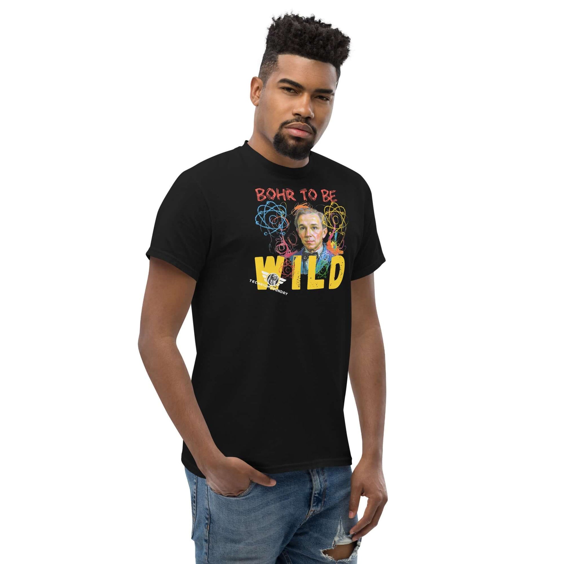 Bohr to Be Wild - Scientific Rock & Roll Fusion Art T-Shirt | Quantum Physics Portrait Color: Black T-Shirt Size: S Apparel & Accessories Technium Foundry