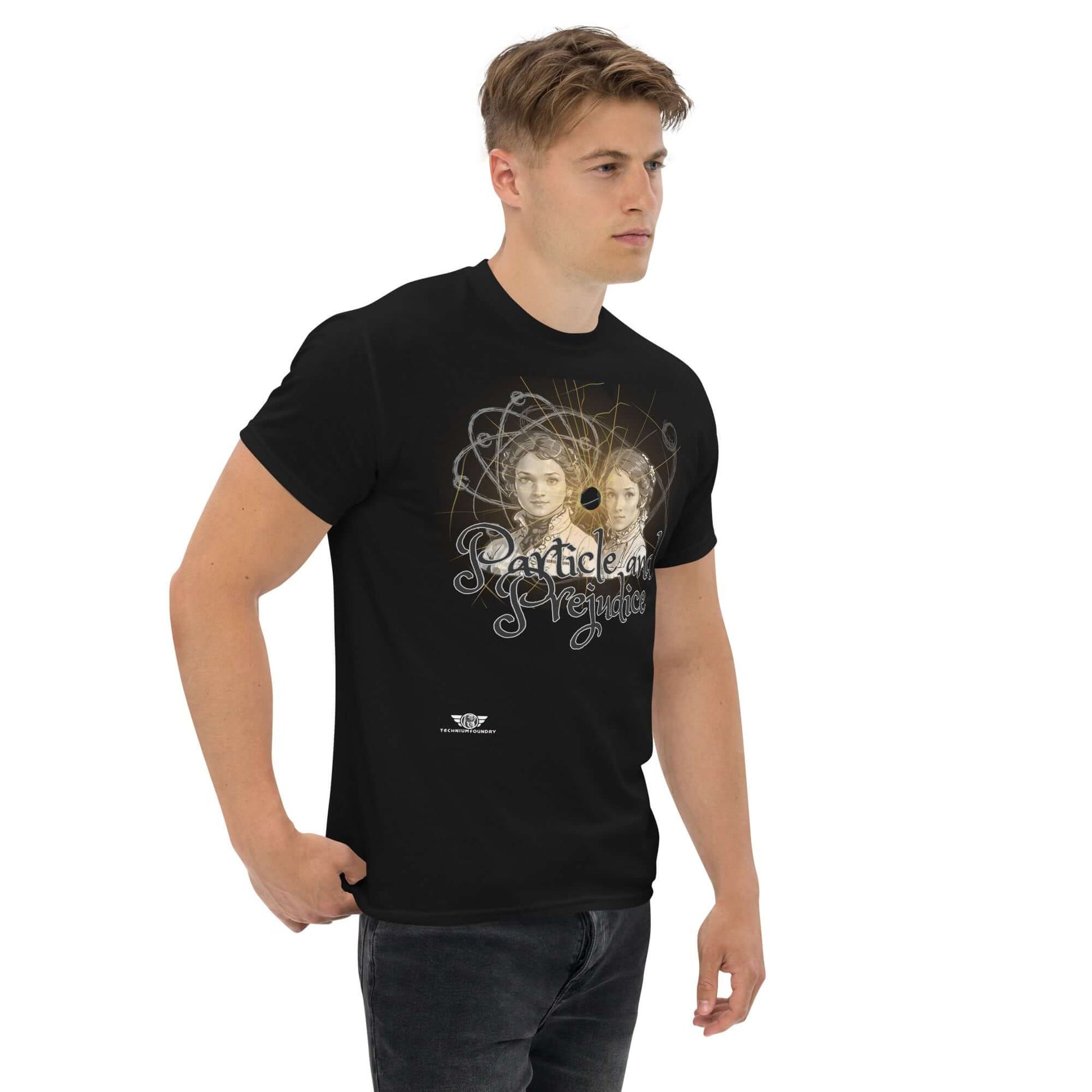 Particle and Prejudice Literature & Physics Fusion T-Shirt | Classic Romance Meets Quantum Science Color: Black T-Shirt Size: S Apparel & Accessories Technium Foundry