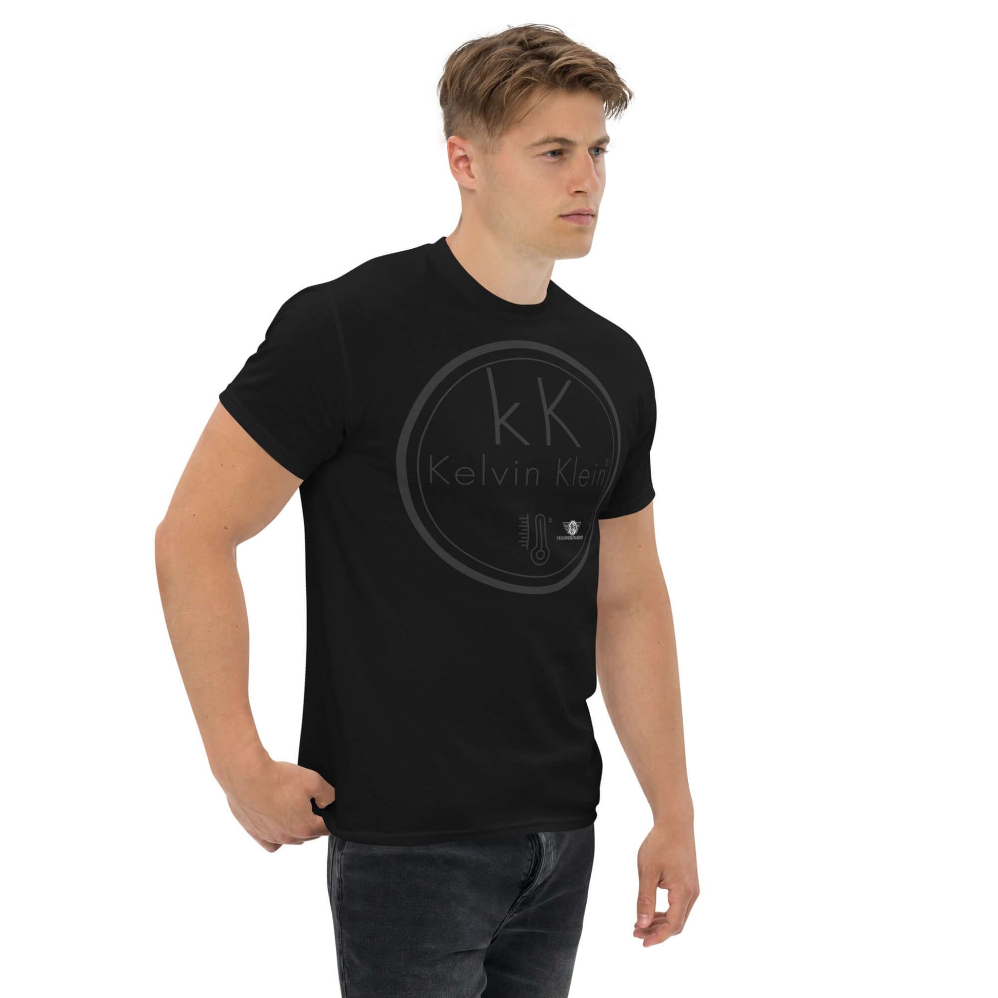 Kelvin Klein Temperature Scale Fashion Parody T-Shirt | Scientific Humor Apparel Color: Black T-Shirt Size: S Apparel & Accessories Technium Foundry