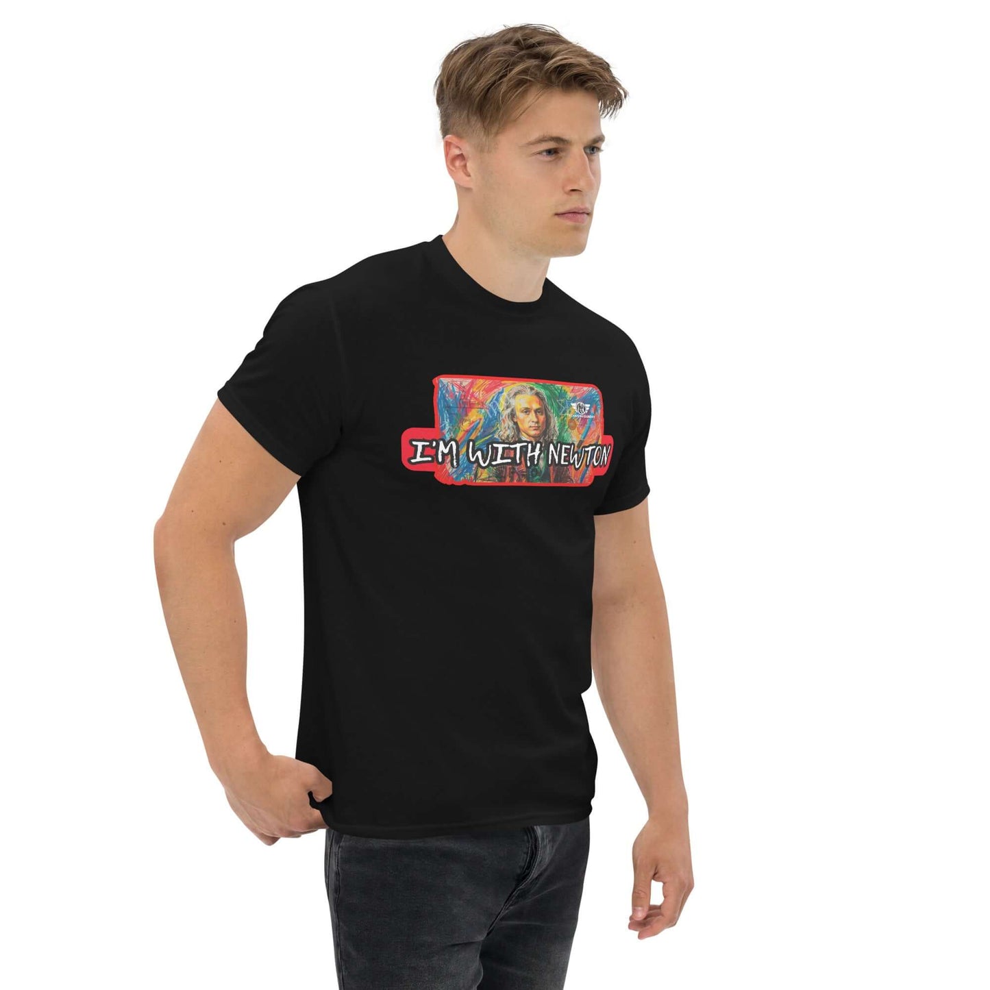 I'm With Newton - Colorful Physics Portrait T-Shirt | Classical Mechanics Goes Pop Art Color: Black T-Shirt Size: S Apparel & Accessories Technium Foundry