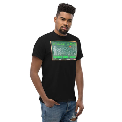 Black "Biologist Mode" T-shirt featuring a retro chalkboard design with DNA and scientific illustrations.