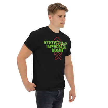 Man wearing Statistically Improbable Human T-shirt with green text and red arrows, perfect for science and math enthusiasts.