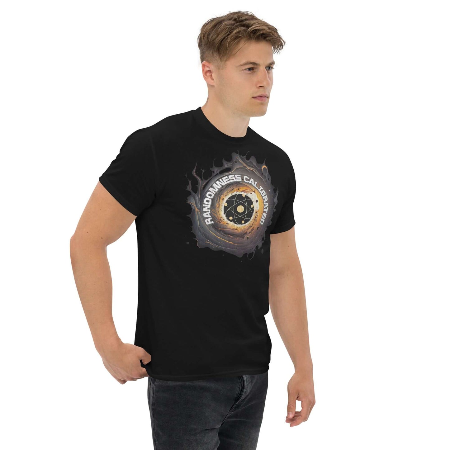 Man wearing a Quantum Physics T-Shirt with atom design and "RANDOMNESS CALIBRATED" text, blending science and style.