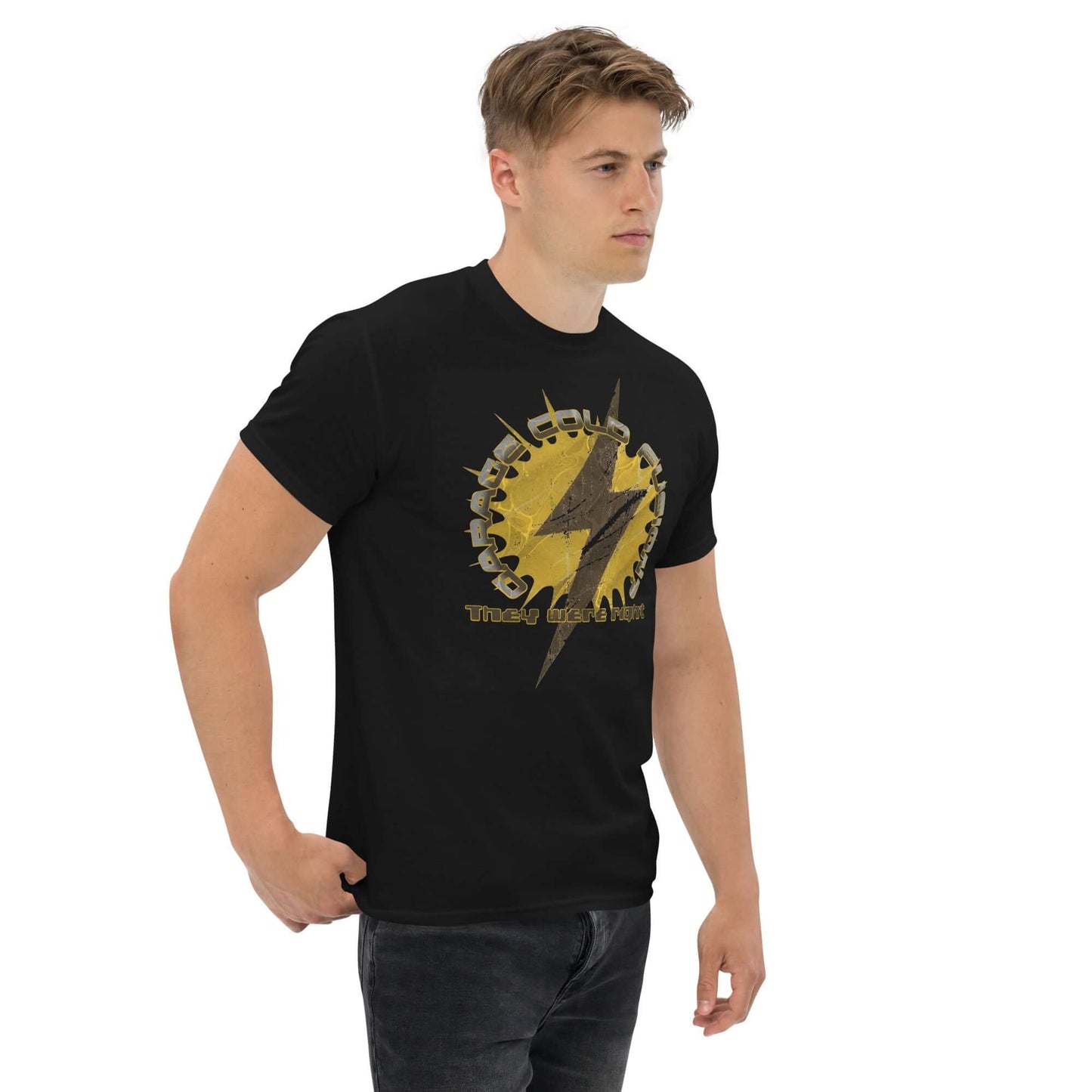 Man wearing Garage Cold Fusion T-Shirt with lightning bolt and gear design, humor tee for science enthusiasts.