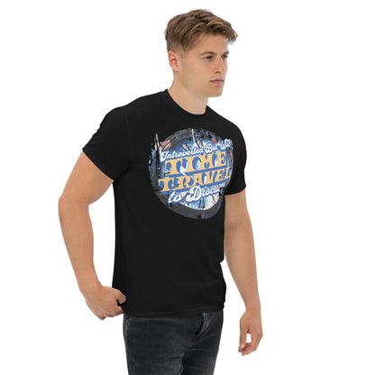 Man wearing Introverted Time Travel T-Shirt with a vintage circular design and humor text, perfect for quantum physics enthusiasts.