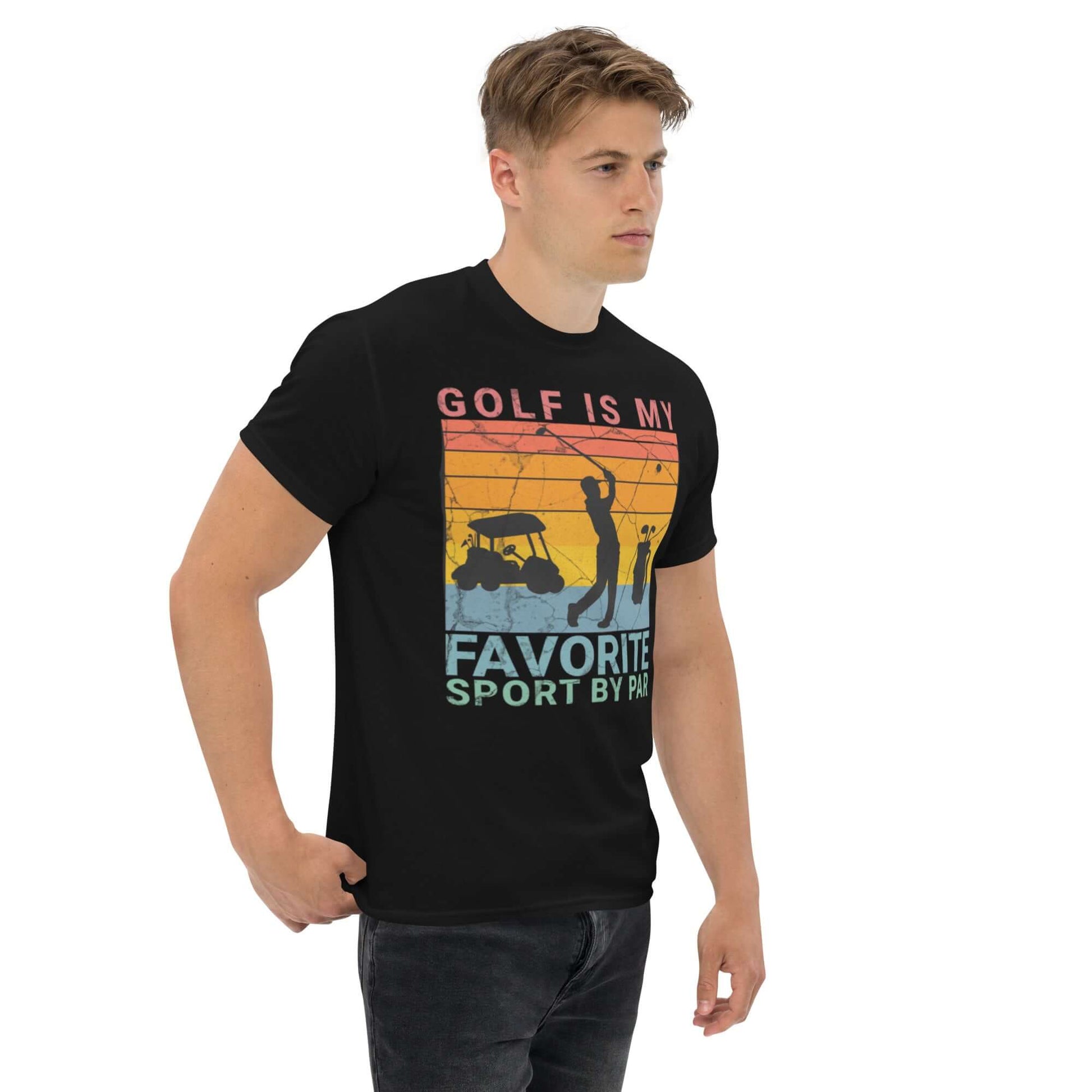 Man wearing a Golf Pun T-Shirt with retro sunset and silhouetted golfer design.