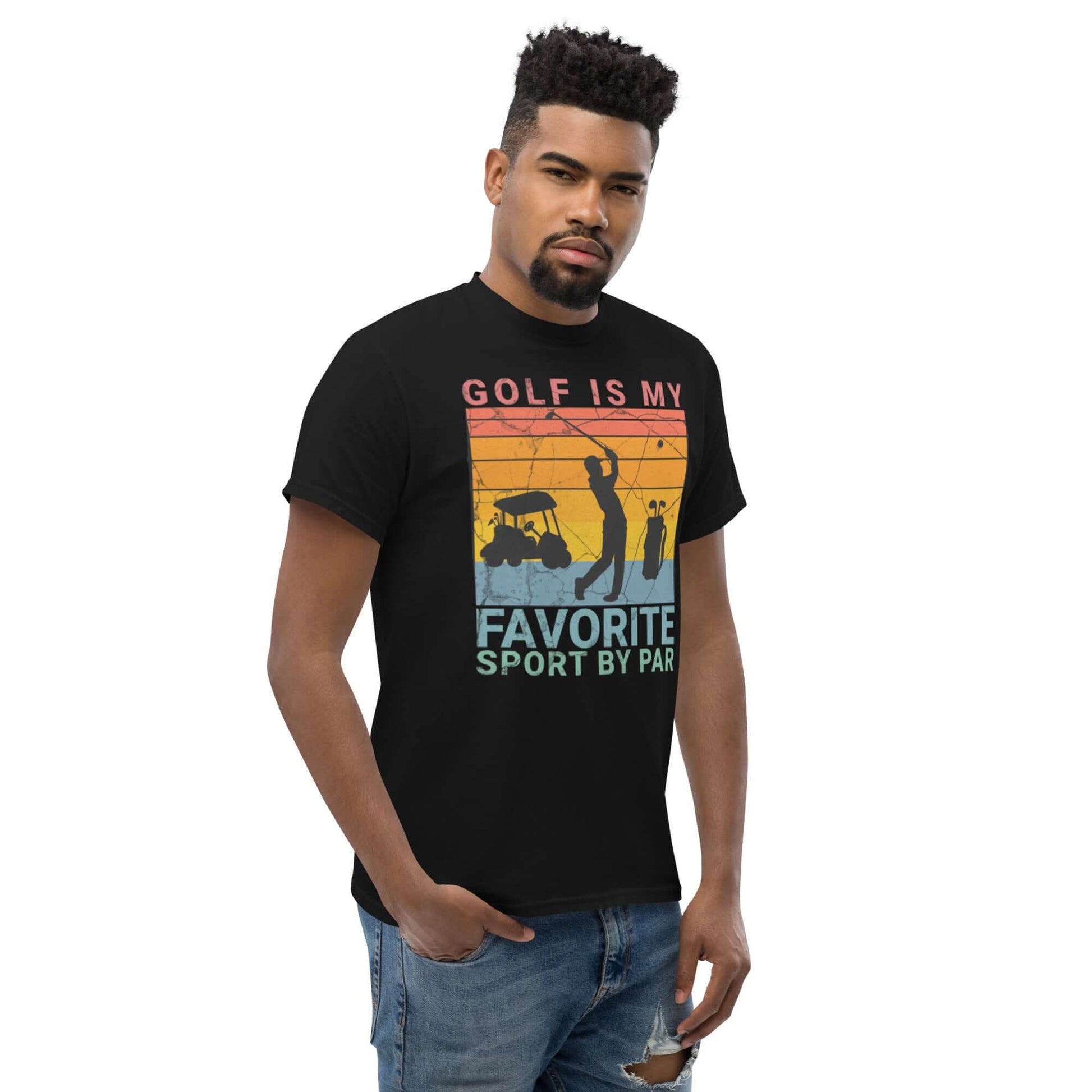 Man wearing a Golf Pun T-Shirt with retro sunset design and 'Golf is My Favorite Sport by Par' text, featuring silhouetted golfer.