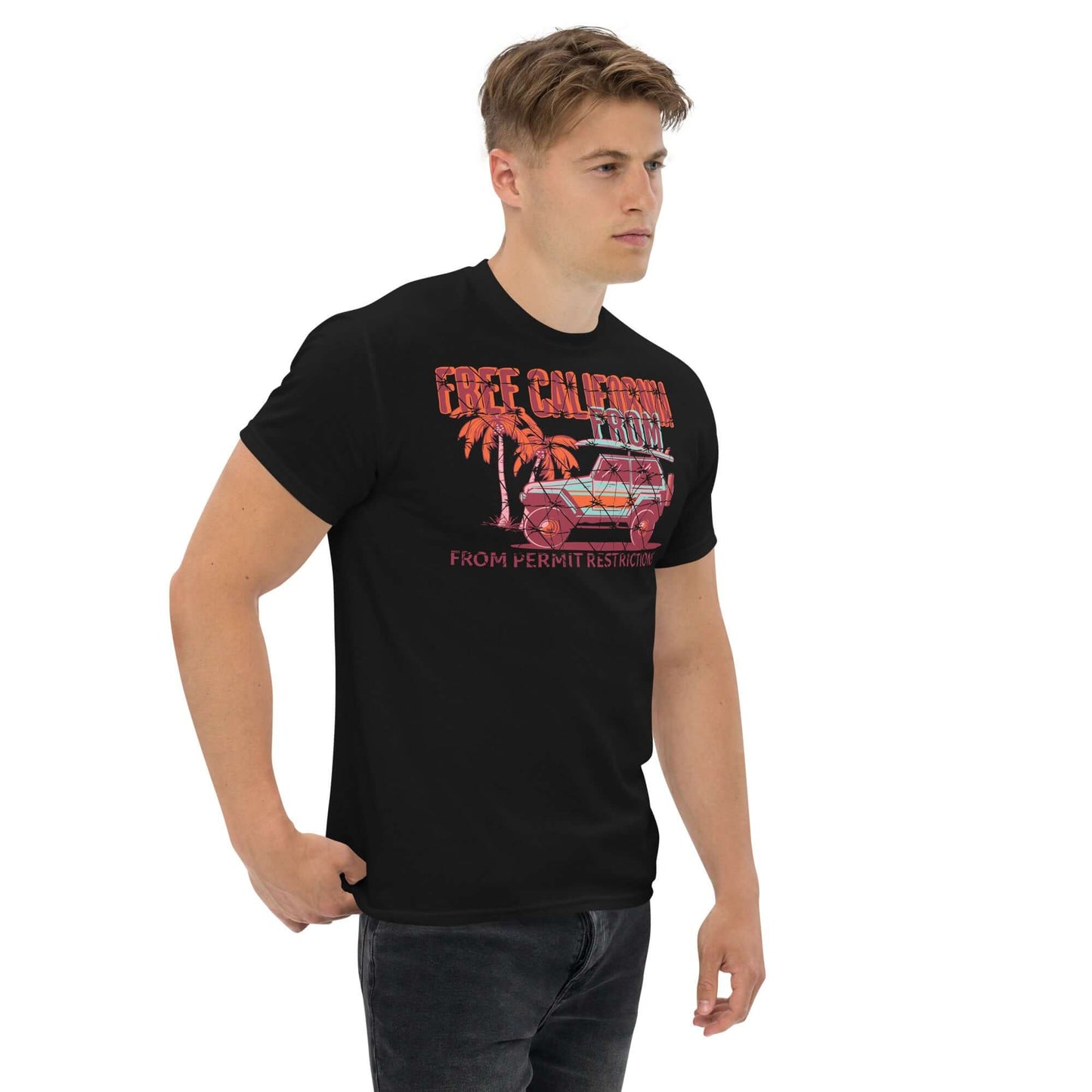 Man wearing Free California Surf T-Shirt with red palm trees and beach-ready 4x4 design on black tee, ideal for surf lovers.