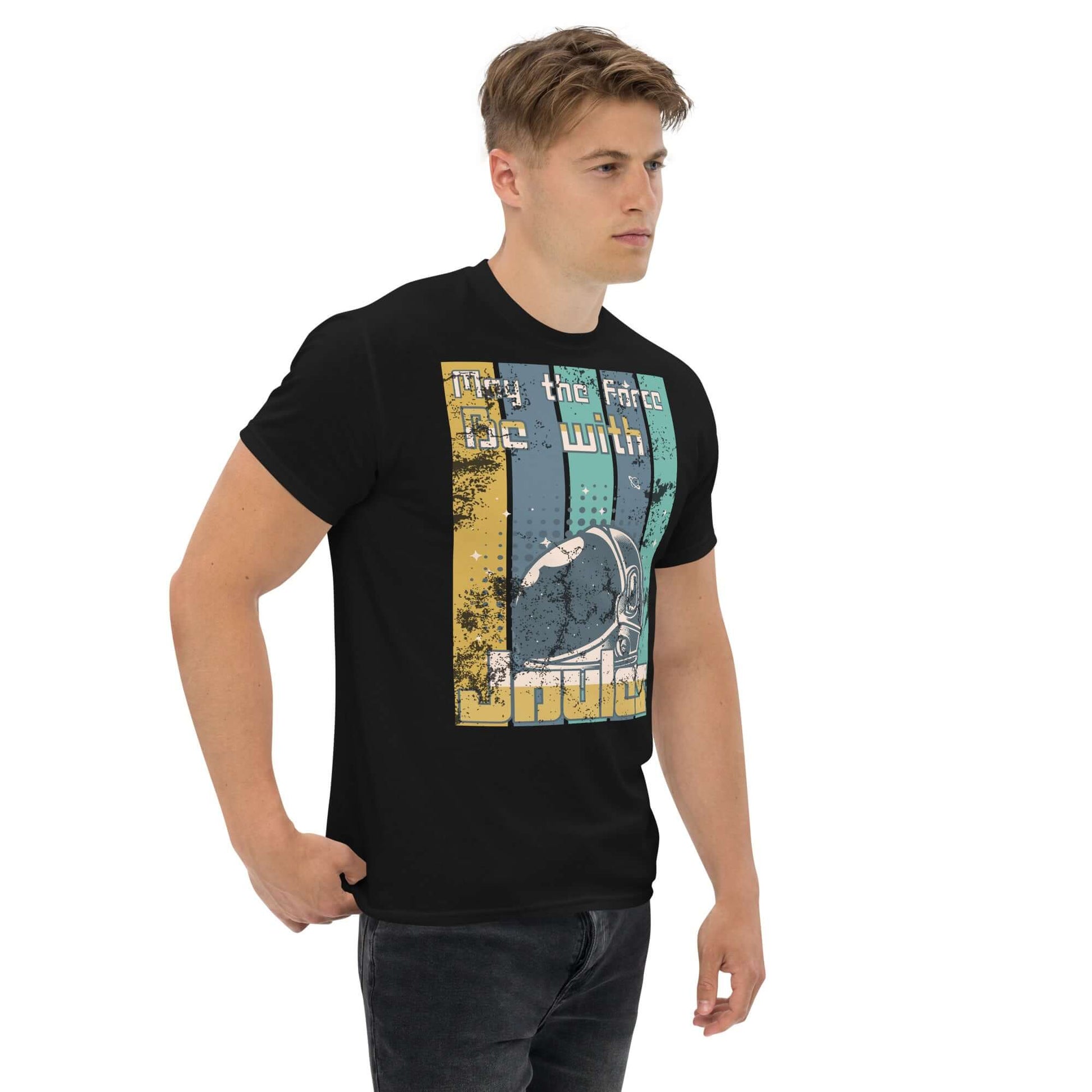 Physics Force Joules T-Shirt with retro astronaut helmet and 'May the Force Be with Joules' pun, featuring pop culture and energy theme.