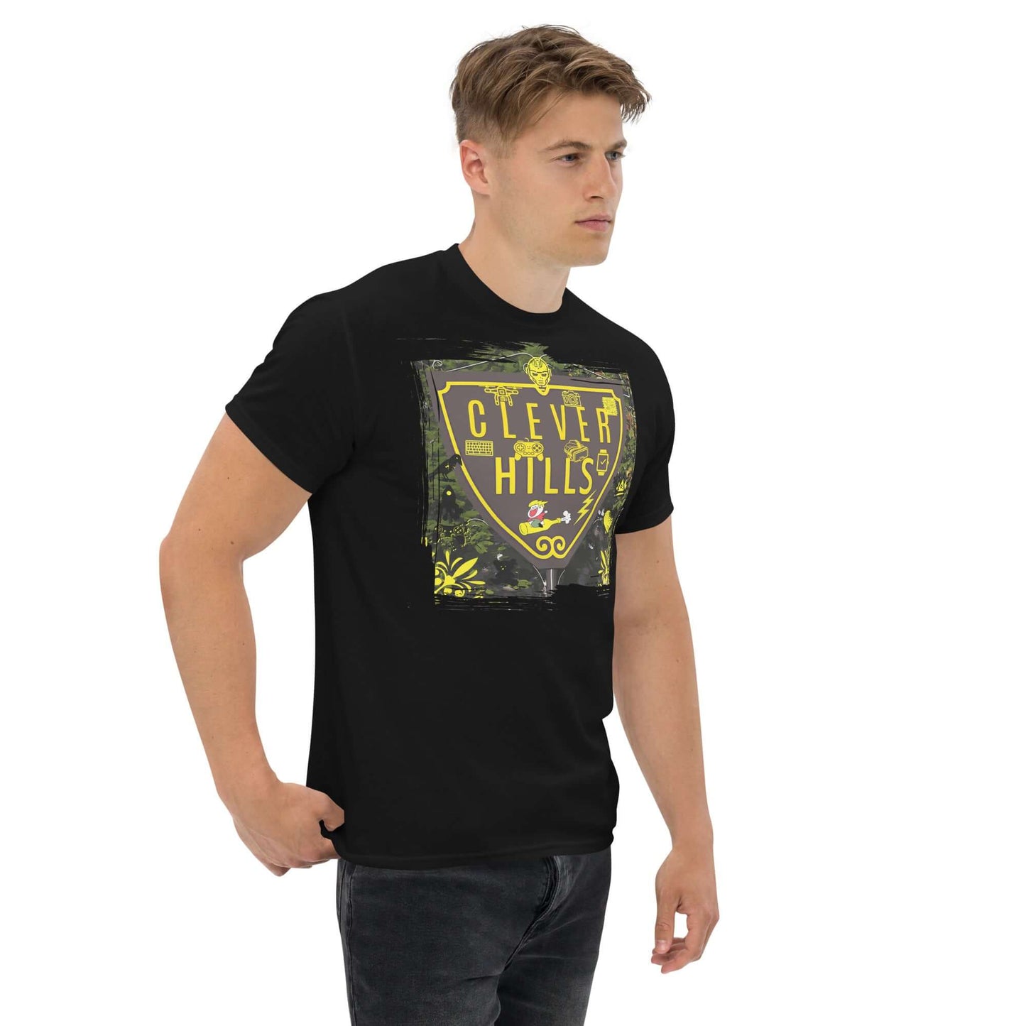 Model wearing Clever Hills T-Shirt with shield design blending quantum mechanics and Beverly Hills, on black fabric.