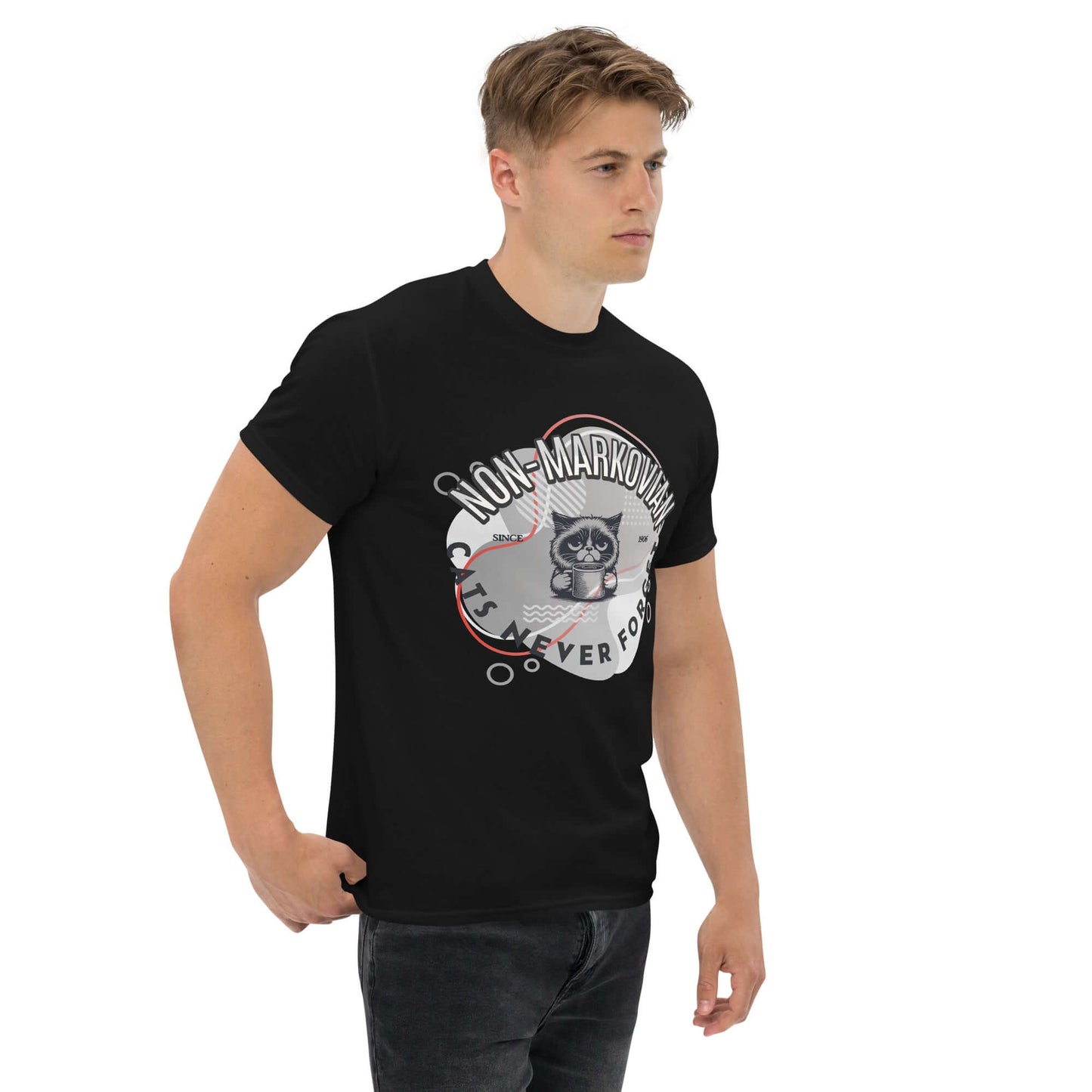 Man wearing Non-Markovian Cat T-Shirt featuring grumpy cat design, symbolizing infinite memory and grudges.