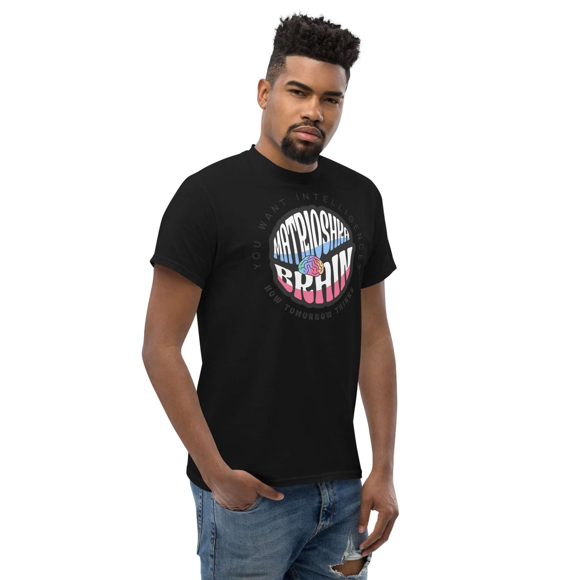 Model wearing "Matrioshka Brain" Intelligence Neuroscience Concept T-Shirt with colorful brain design and futuristic text.