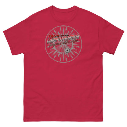 Red Computronium T-shirt featuring theoretical physics design with starburst pattern, inspired by quantum computing concepts.