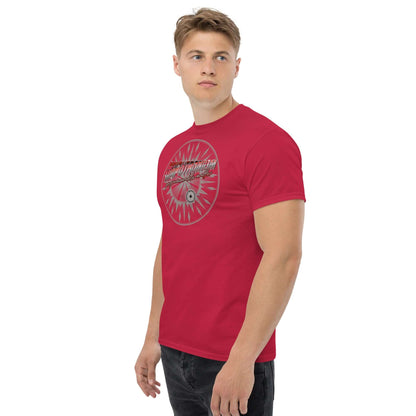 Red Computronium T-Shirt featuring a starburst pattern, inspired by theoretical physics and programmable matter concept design.