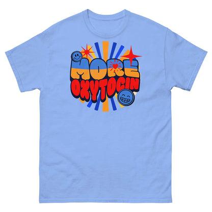 More Oxytocin T-Shirt with retro bubble letters, featuring a colorful design on a blue background, celebrating love hormone.