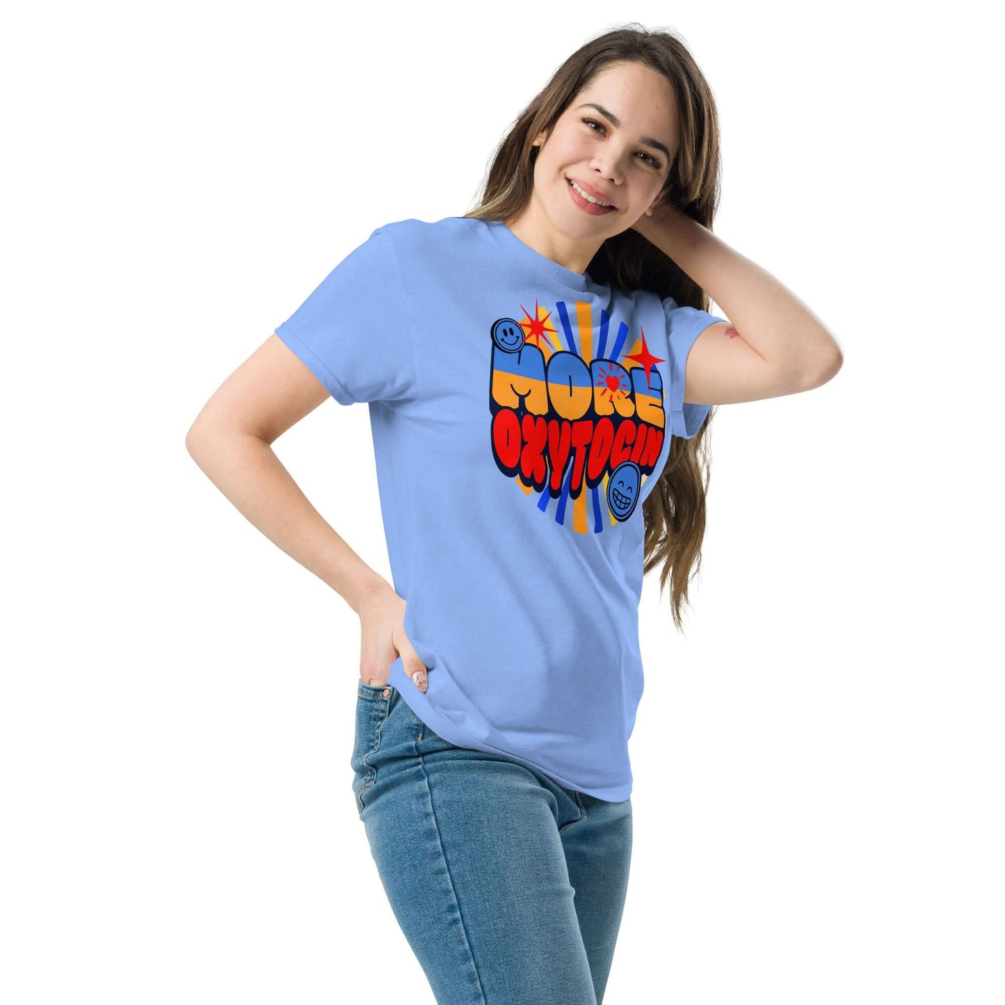 Woman wearing blue More Oxytocin T-shirt with retro design, featuring playful neurotransmitter graphics for a fun, stylish look.