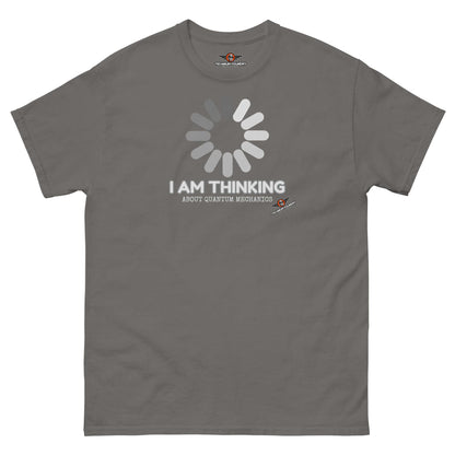 I Am Thinking About Quantum Mechanics Loading Screen T-Shirt | Schrödinger's Buffer Color: Charcoal T-Shirt Size: S Apparel & Accessories Technium Foundry