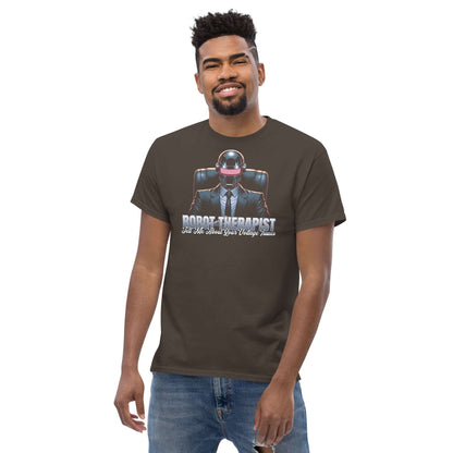 Robot Therapist T-Shirt featuring android with therapist pose, maroon color, perfect for tech enthusiasts and AI humor lovers.